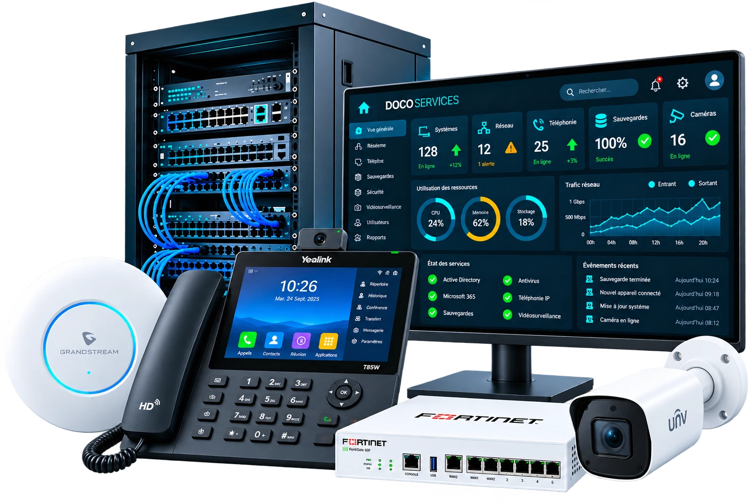 Infrastructure DOCO SERVICES : serveur, réseau, téléphonie IP, pare-feu, supervision et vidéosurveillance