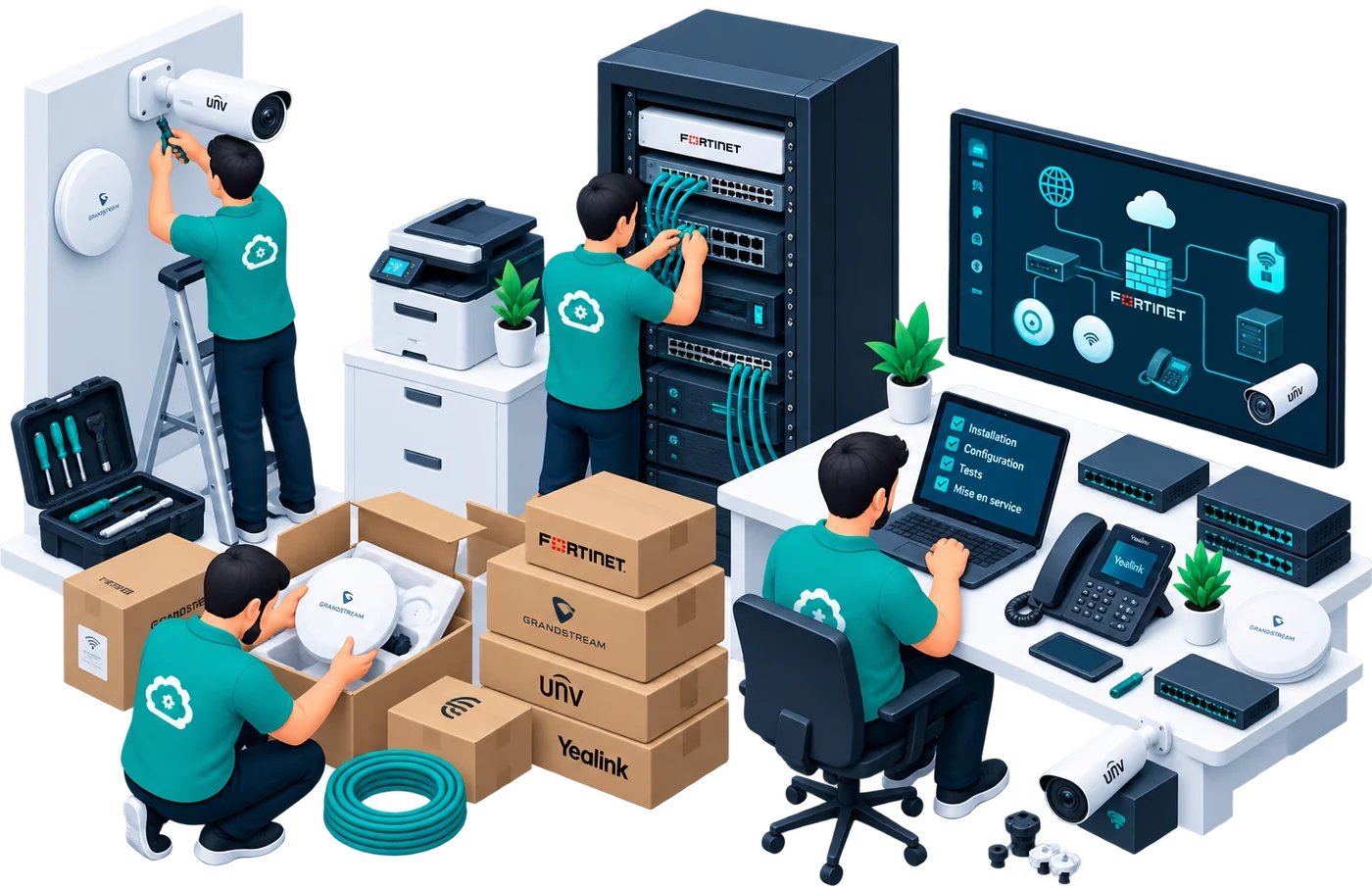 Techniciens DOCO SERVICES installant et configurant du matériel informatique